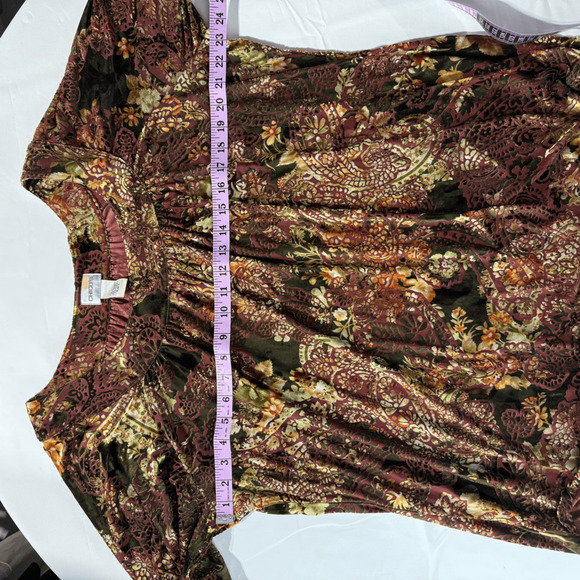 Chico's Velvet Burnout Blouse Size 3‎ or XL Maroon Gold Floral Print - Picture 8 of 8